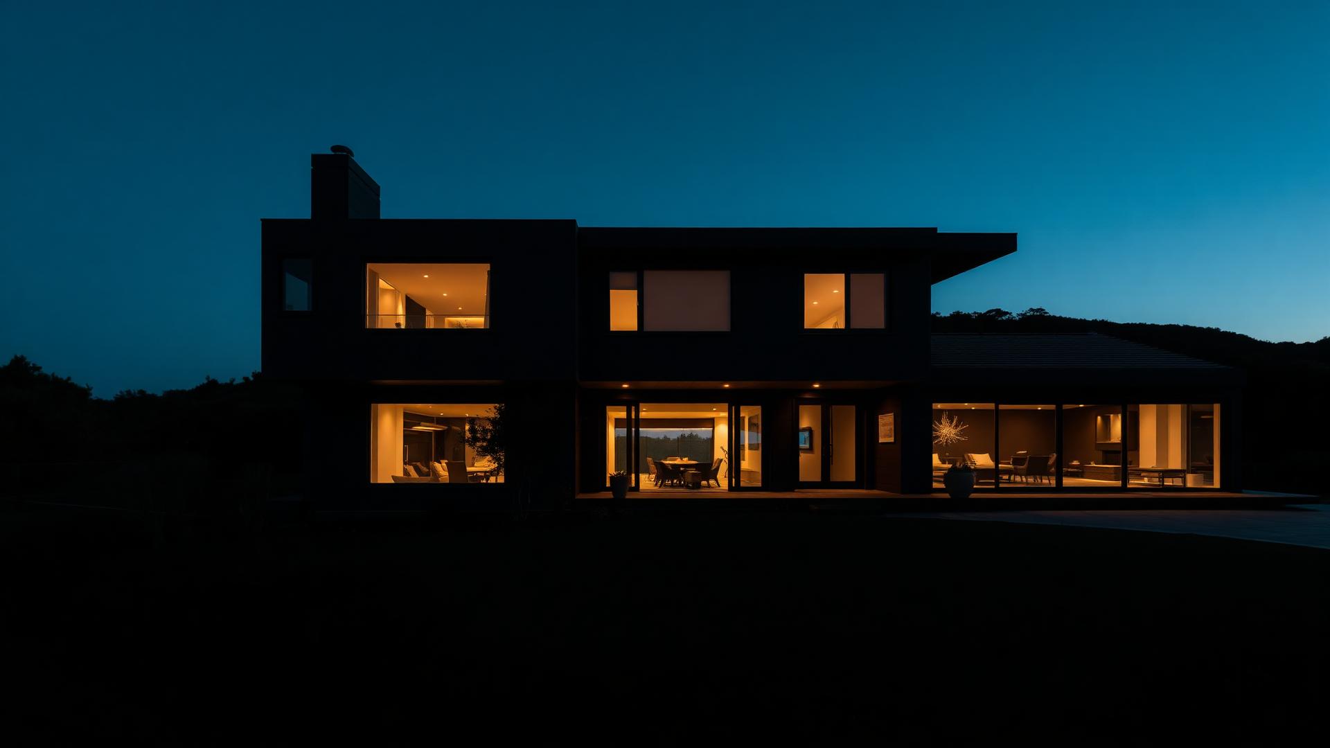 Modern Bay Area home at dusk with warm interior lighting
