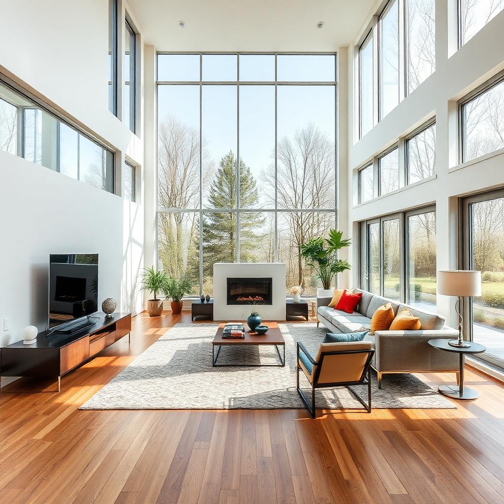 Bright HDR interior of a modern Bay Area living room with floor-to-ceiling windows