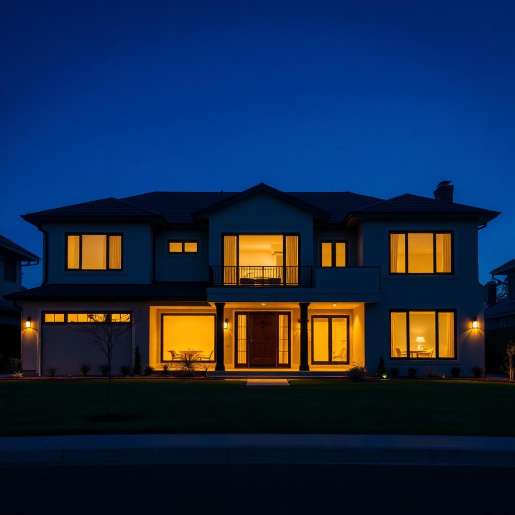 Twilight photograph of a luxury home with glowing windows under a deep blue sky