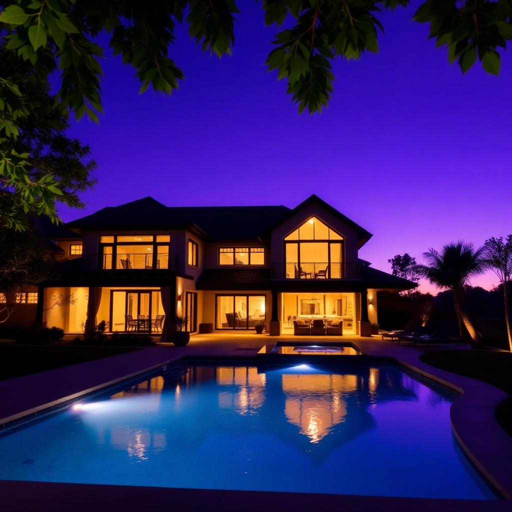 Twilight photograph of a contemporary home with illuminated pool at dusk